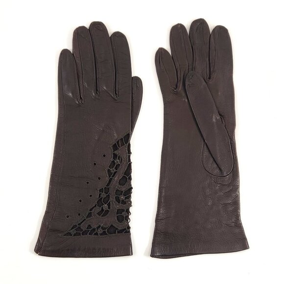 Accessories - Vintage Dark Brown Leather  Gloves with Cutwork XS